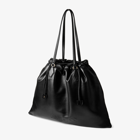 Drawstring Tote L Black Nappa Leather Drawstring Tote with Embossed Jimmy Choo