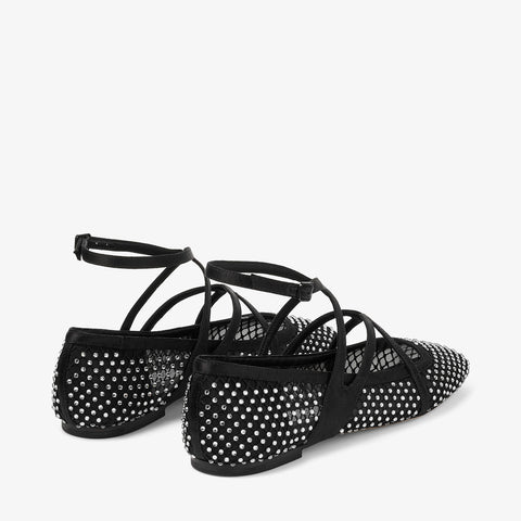 Astoria Flat Black Satin Crystal Flats