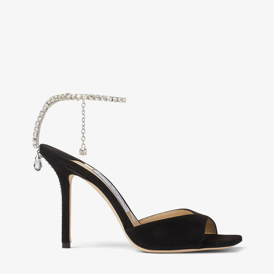 Saeda Sandal 100 Black Suede Sandals with Crystal Embellishment