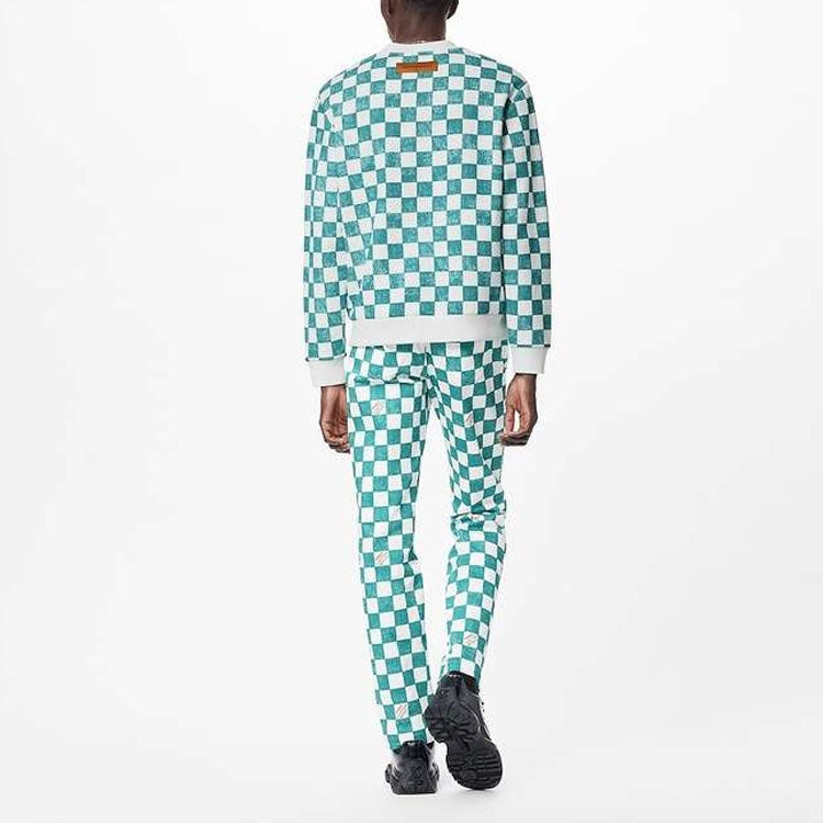 LOUIS VUITTON FW21 Grid Round Neck Long Sleeves Couple Style Blue White Colorblock 1A99VC