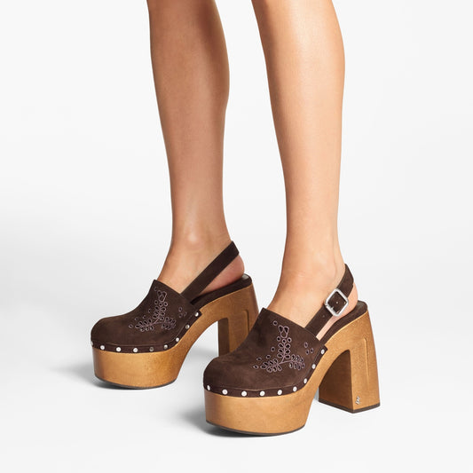 Alida Platform 135 Suede Slingback Clog with Sangallo Embroidery