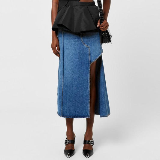 Slashed Denim Midi Skirt