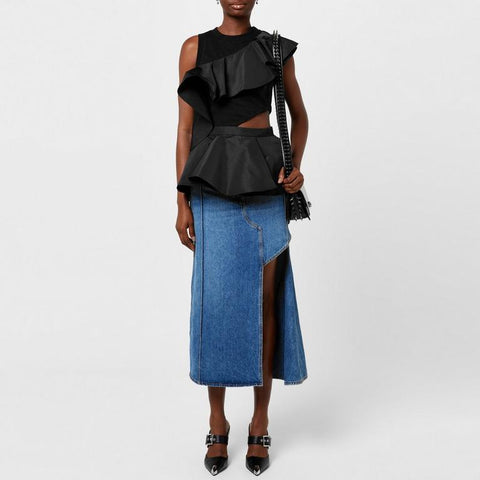 Slashed Denim Midi Skirt
