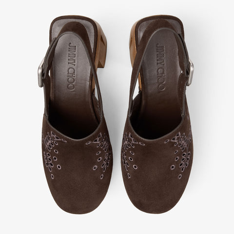 Alida Platform 135 Suede Slingback Clog with Sangallo Embroidery