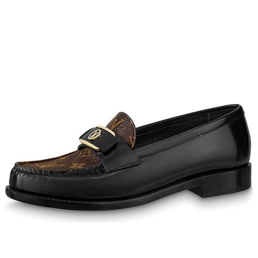 (WMNS) LOUIS VUITTON LV Loafers 'Black with Monogram and Gold Deco' 1AACXG