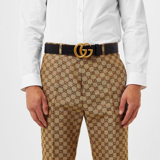 Wide Leather Belt With Double G Buckle