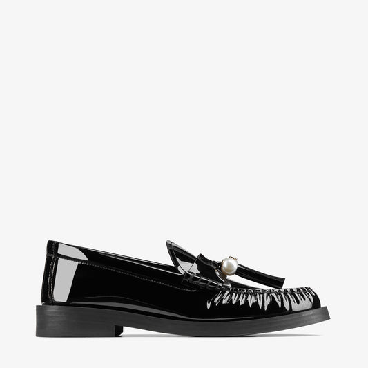 Addie/Pearl Black Patent Leather Flat Loafers with Pearl Tassel