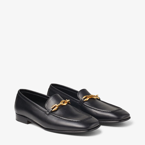 Diamond Tilda Loafer Black Calf Leather Loafers with Chain Embellishment