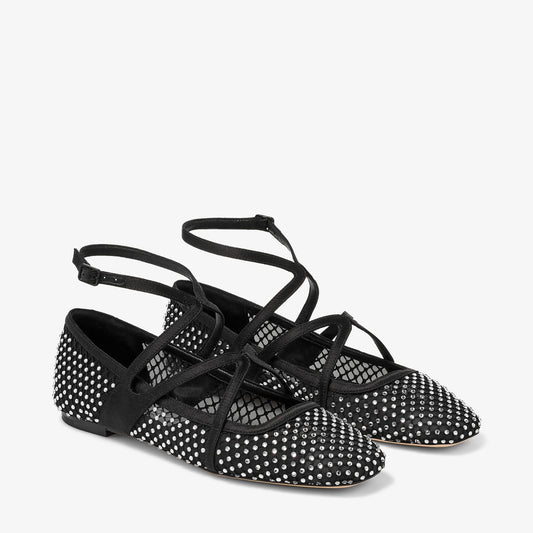 Astoria Flat Black Satin Crystal Flats