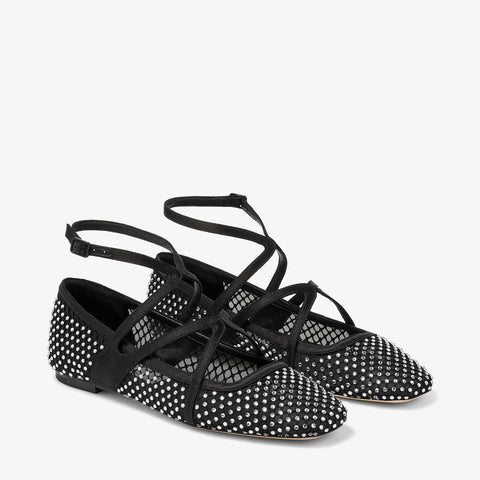 Astoria Flat Black Satin Crystal Flats