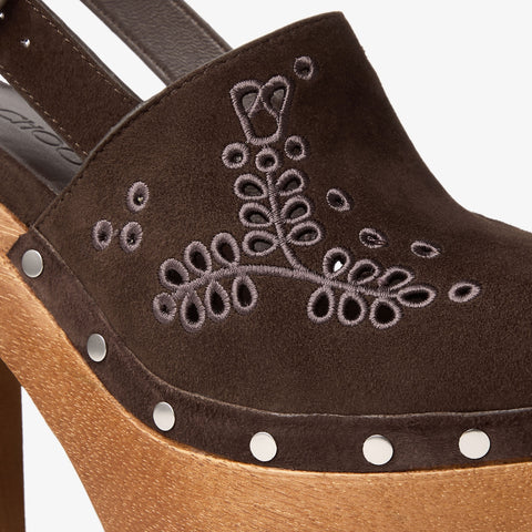 Alida Platform 135 Suede Slingback Clog with Sangallo Embroidery