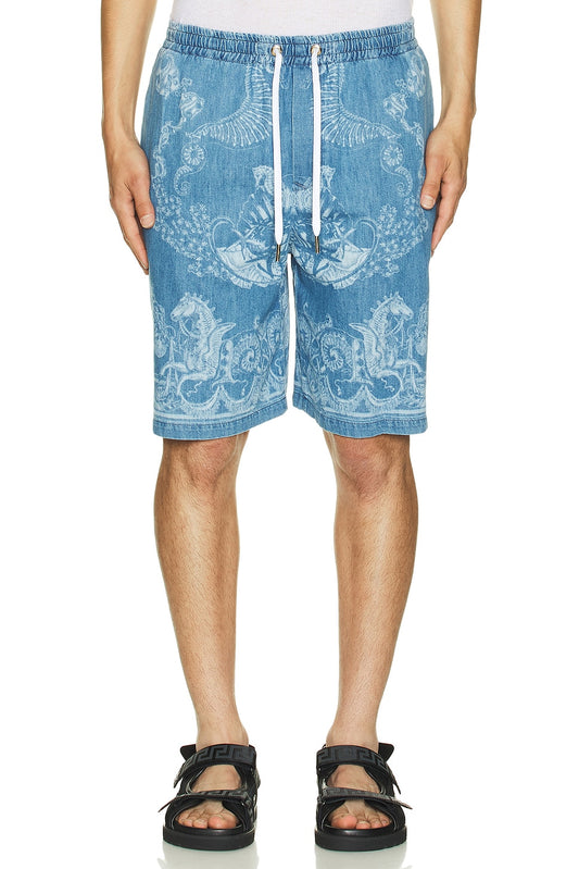 VERSACE Laser Denim Holiday Print Short in Washed Medium Blue