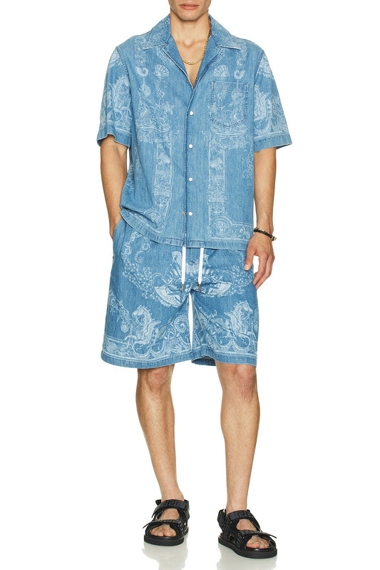 VERSACE Laser Denim Holiday Print Short in Washed Medium Blue