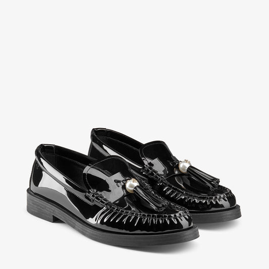 Addie/Pearl Black Patent Leather Flat Loafers with Pearl Tassel