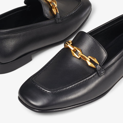 Diamond Tilda Loafer Black Calf Leather Loafers with Chain Embellishment