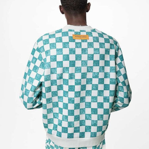 LOUIS VUITTON FW21 Grid Round Neck Long Sleeves Couple Style Blue White Colorblock 1A99VC