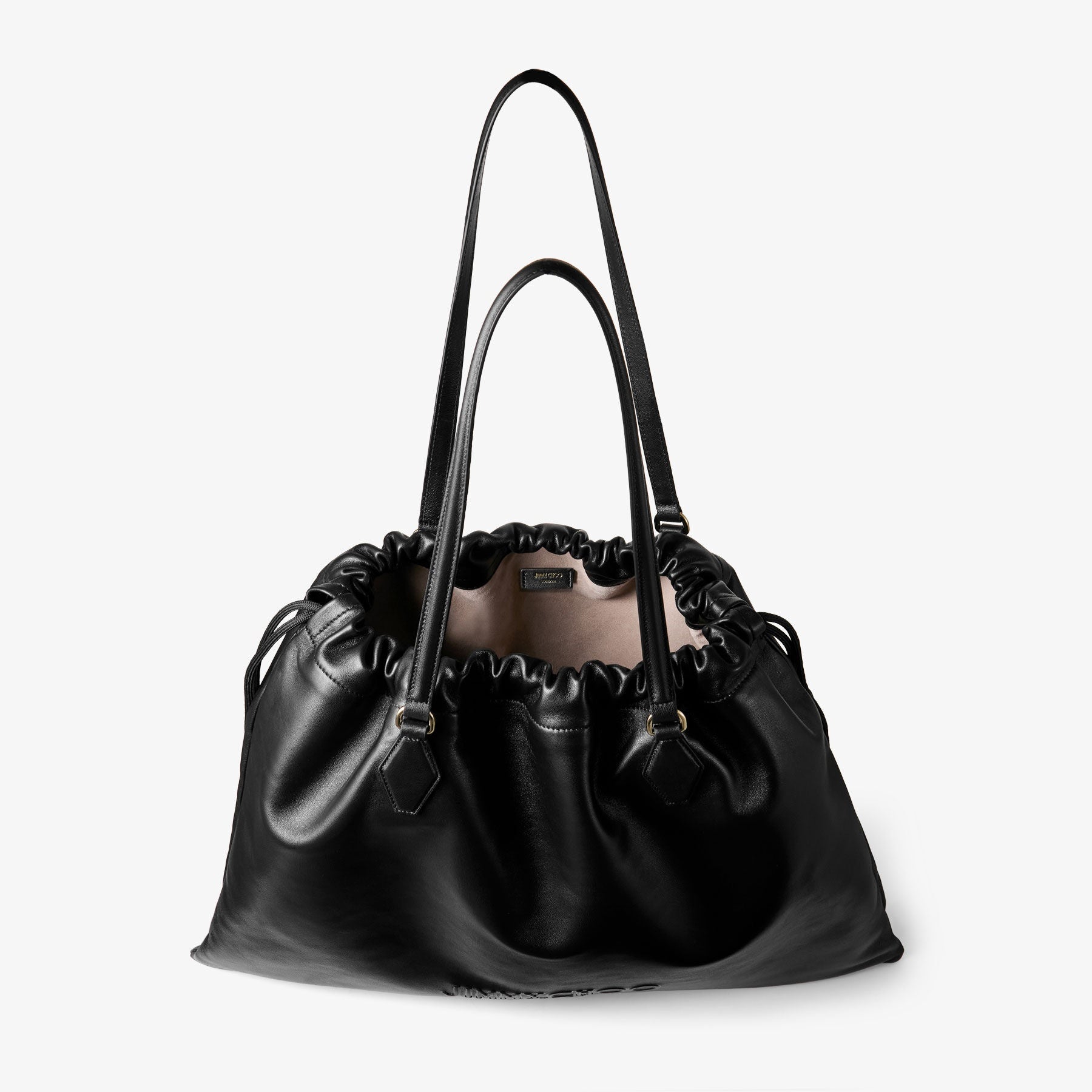 Drawstring Tote L Black Nappa Leather Drawstring Tote with Embossed Jimmy Choo