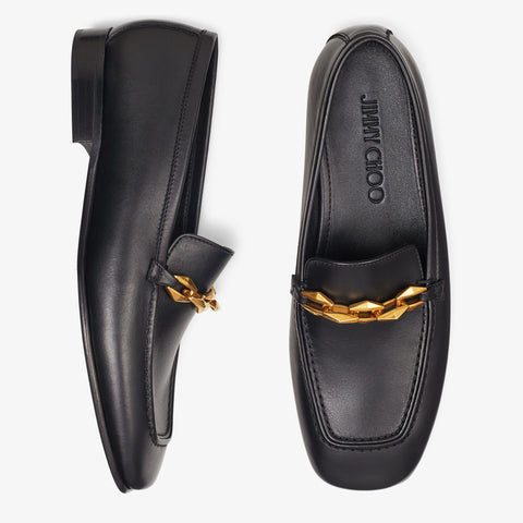 Diamond Tilda Loafer Black Calf Leather Loafers with Chain Embellishment